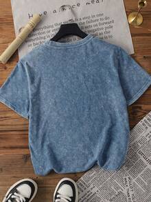 Áo thun nữ cỡ lớn kiểu vintage, in hình trái tim, dáng rộng vừa vặn, chất liệu wash acid, phù hợp cho mọi mùa. Mùa hè. - Màu xanh lam - Xem 7