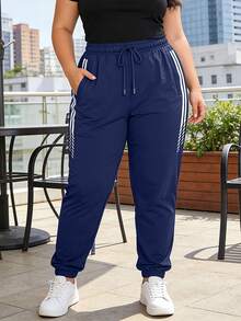 Plus Size Women's Drawstring Sports Pants, Summer Breathable Ice Silk Pants, Elastic Waist Casual Cycling Pants, Running Sweatpants - Blue - View 2