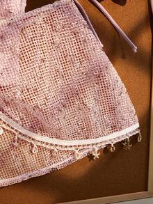 Conjunto de bikini para mujer, estilo bohemio con decoración de cinta de ganchillo y conchas, falda de playa ajustable con cordón para vacaciones - Rosa - Ver 3