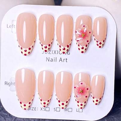 10pcs Handmade Nail Stickers, Short Fake Nails, Suitable For Summer Wear, Acrylic Nail Stickers, Summer Nails, Nail Sticker Set, Nail Art Supplies, Y2K Style, Nude Nails, Pink Nails, Red Nails, Yellow Nails, Nude Pink Base With Cream Yellow French Tips Decorated With Red Polka Dots, And 3D Pink Flower Decor With Golden Center On The Nails. Sweet And Cute Style, Suitable For Ladies And Girls To Wear For Outings, Dates And Casual Gatherings In Summer.