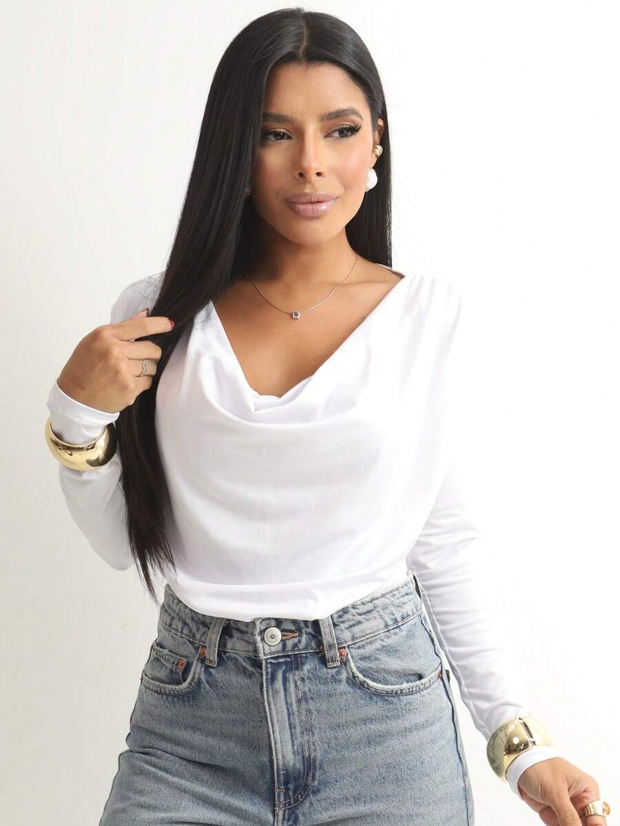 Women's Draped Bodysuit, Elegant Long-Sleeved Blouse, Knit Fabric, Draped Style, Perfect For School, Evening, Holiday, Wedding, Vacation, Or Office. - 白色 - 查看 1