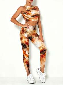 NEW Women's Y2K Aesthetic Slim Fit 3D Printed Vest And Leggings Set, Stylish Women's Yoga Set Sizes S-4XL Available Abstract Flame Orange Brown White Black - 彩色 - 查看 2