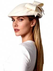 HIMESPORT Black, White & Red Wool Felt Beret Hat, Elegant For Bride Wedding, Tea Party, Formal Cocktail, Church, Korean Style Bow Design - White - View 6