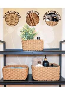 Juego de cestas organizadoras de estilo trenzado, 3 piezas, 3 tamaños, ideal para el cuarto de baño, el armario y otros espacios donde se necesita ordenar; fabricadas en cordón de papel (color beige y color lino) - Ver 6