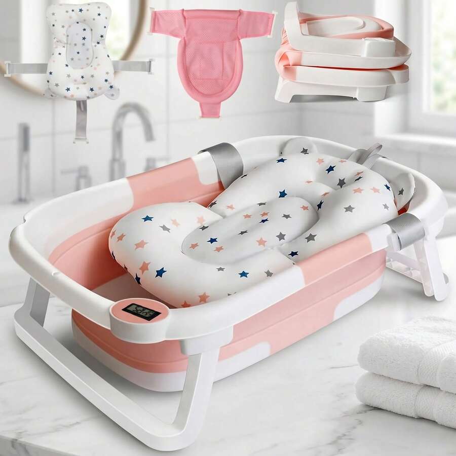 Baby Bathtub, Newborn Bath Tub With Cushions & Thermometers, Portable Foldable Travel Baby Bathtub For 0-24 Months Baby - 粉色 - 查看 1