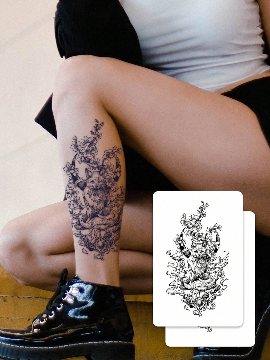 1pc New Chinese Style Fox & Peach Blossom Temporary Tattoo, Niche Elegant & Cool One-Time Use Tattoo Sticker - Black - View 1