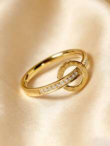 1 pieza Anillo de mujer de acero inoxidable chapado en oro de 18K con números romanos y rhinestones, resistente al agua y a la decoloración, adecuado para uso diario - Dorado - Ver 1