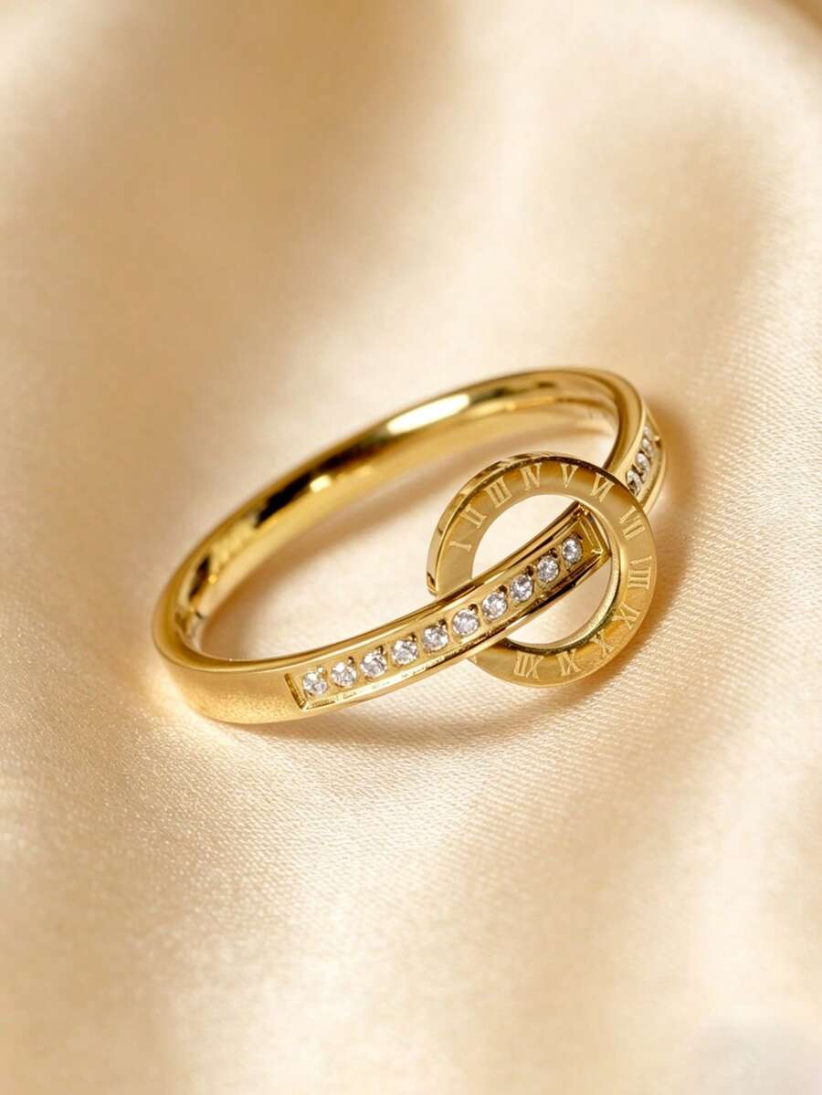1 pieza Anillo de mujer de acero inoxidable chapado en oro de 18K con números romanos y rhinestones, resistente al agua y a la decoloración, adecuado para uso diario - Dorado - Ver 1