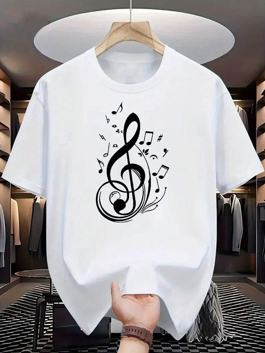 Black Shirt With Musical Note And Treble Clef Design For Men, Women, Unisex, Casual Tee - 白色 - 查看 1