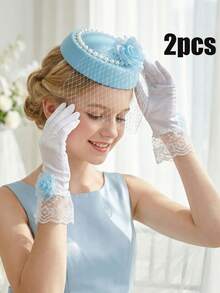 2 peças/Conjunto Chapéu Fascinator de Tule Floral Azul para Adolescentes + Luvas de Cetim com Renda Floral Azul, Conjunto de Mini Chapéu de Tule de 2 Peças, Adereços para Fotografia de Casamento, Acessório de Cabelo para Decoração de Casamento Nupcial, Adereços para Cabine de Fotos de Festa, Adereços de Casamento, Adereços Nupciais - Azul - Visão 4