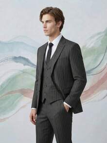3pcs Formal Stripe Suits For Men Tuxedo Slim Fit Single Breasted Pinstripe Blazer Vest Pants Set For Wedding Prom Business Meetings - Grey - View 8