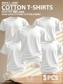 5pcs/Set 100% High-Quality Pure Cotton Men'S Round Neck T-Shirt Made From A Carefully Chosen, Offering Softness And While Being Durable And Fashionable Everyday Appearanc Soft And Comfortable, Suitable For Fitness, Outdoor And Casual Wear All Year Round - trắng - Xem 1