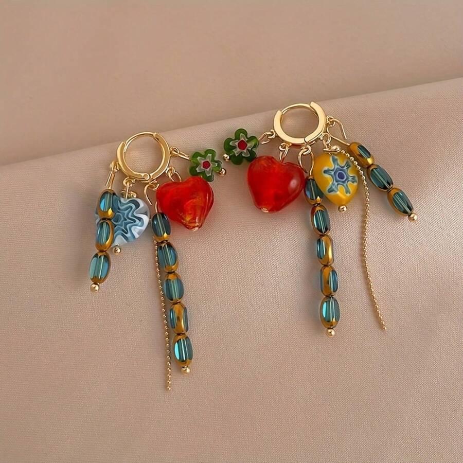 A Pair Of Vintage-Style Floral Heart-Shaped Earrings With Tassels, Suitable For Everyday Wear - Nhiều màu - Xem 1
