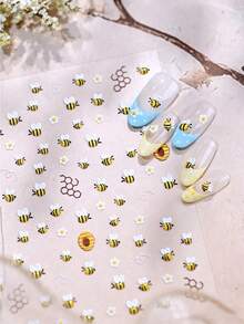 1pc 5D Embossed Cute Bee & Flower Nail Stickers, Spring Daisy Bee Pattern Summer Floral Bee Nail Decals, DIY Nail Art Decoration For Women - Multicolor - View 5