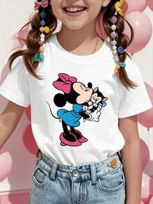 Disney Minnie Mouse And Mickey Mouse Printed Pattern T-Shirts For Girls - Children's Clothing Design Short-Sleeved Casual And Cute Style Comfortable And Casual Wear All Year Round Suitable For Parties And Play Machine Washable Gift Children's Clothing Girls' Short-Sleeved Shirts - 白色 - 查看 1