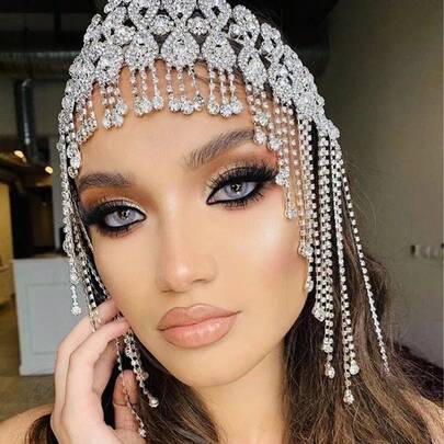Sparkling Crystal Tassel Headchain, Luxury Hollow Fully Paved Forehead Ornament, Stage Performance & Bridal Headpiece