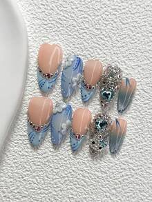 10Pcs Ethereal And Aloof Style Handmade Nail Art Set,Unghie Press On,Heart, Open Work Heart, Cat Nail Art Accessories,Hand Sculpted Petals And Lines Nail Art Decorations,Blue And White Nail Polish,Cool And Stylish Aesthetic,Comes With Nail Tools(1 Sheets Jelly Stickers+1PC Nail File)3 Sizes Available,Almond Nails, Duck Nails,Coffin Nails,Suitable For Reunion,Daily,Party,Photograph,Play,Spring Summer,Commute Supplies Nails - 彩色 - 查看 17