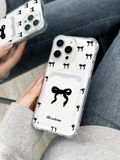 1pc Bow Decor Camera Lens Hole With Card Slot Thick TPU Transparent Phone Case, Suitable Compatible With Apple 17, AIR, 17PRO, 17PROMAX, 16promax, 14/13, 12, 11 Pro Max, XS Max, X, XR, Anti-Drop Phone Case, Can Be Used As Birthday Gift, Girlfriend, Boyfriend Or Self-Use