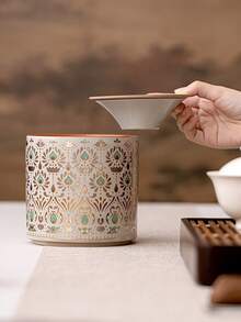 2 Pieces Set. Ceramic Ashtray/Tea Dregs Bowl. Multi-Functional Ceramic Bowl. Double-Layer Funnel Structure For Easy Cleaning. Gold Trim And Celadon Glaze Color Combination, Exquisite And Delicate Lines, Exuding Elegant And Luxurious Charm. A Light Luxury Decorative Item For Living Room And Tea Table. Suitable For Living Room, Study, Office And Tea Room - It Is Both A Practical Item And A Decorative Piece, Capable Of Enhancing The Overall Atmosphere. - Multicolor - View 5