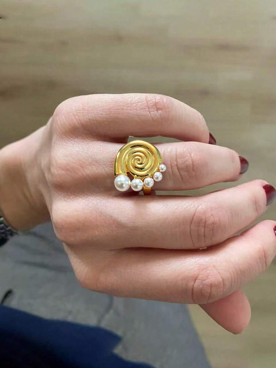 1 chiếc nhẫn hở bằng thép không gỉ thiết kế xoắn ốc đính ngọc trai giả, phong cách Pháp sang trọng, phù hợp cho nữ giới đeo hàng ngày, đi làm, hẹn hò, sinh nhật, đi biển, dự tiệc, chụp ảnh. - Nhiều màu - Xem 1