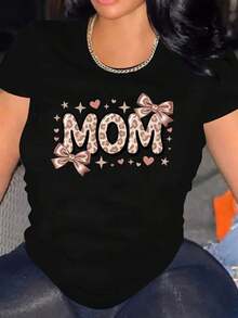 Camiseta de manga corta con cuello redondo, estampado de leopardo, letras MOM, lazo rosa, corazón y estrella, para el Día de la Madre, deportiva, para fiestas, linda, elegante, a la moda, regalo, suave, lavable a máquina, elástica, para el hogar, informal, de algodón puro. - Negro - Ver 8
