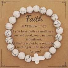 8mm Natural Stone Cross Beaded Faith Bracelet, Christian Baptism Gift - White Turquoise - View 1