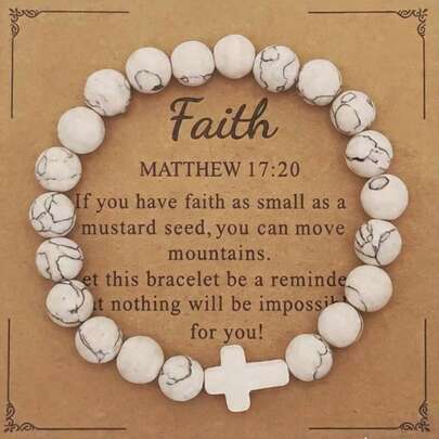 8mm Natural Stone Cross Beaded Faith Bracelet, Christian Baptism Gift