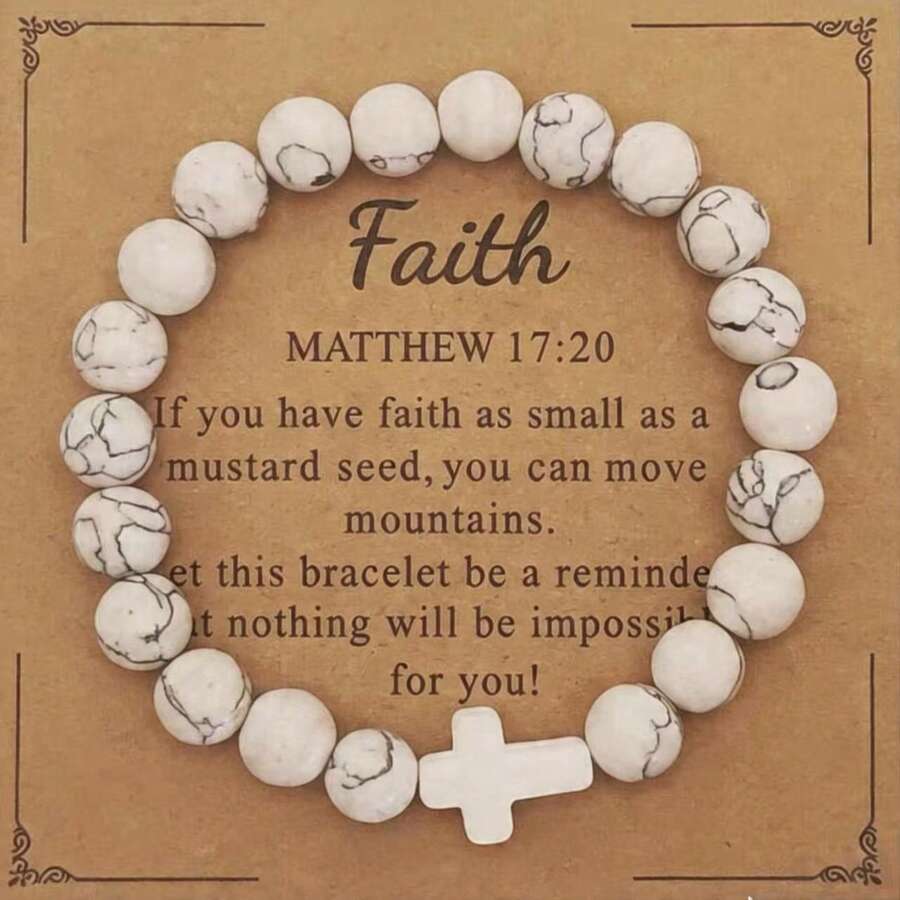 8mm Natural Stone Cross Beaded Faith Bracelet, Christian Baptism Gift - White Turquoise - View 1