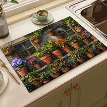 1pc 2D Floral Potted Plant Print Absorbent Pad/Drying Mat For Coffee Maker, Tableware - Absorbent Polyester Desktop Protective Mat With Non-Slip Rubber Backing, For Kitchen Counter Decor, Home Bar And Dining Table - Multicolor - View 5