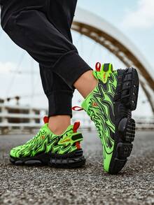 Men's Neon Green Flame Pattern Minimalist Casual Comfortable Running Shoes, Daily Colorblock Low-Top Commuting Outdoor Sports Sneakers - Green - View 6