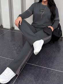 Women's Spring/Autumn New Comfortable Loose Contrast Stripe Printed Round Neck Long Sleeve T-Shirt And Elastic Waist Loose Pants 2-Piece Set, Suitable For Casual Commuting - Dark Gray 23 - View 7