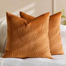 1/2pcs Velvet Plush Decorative Throw Pillow Covers Geometric Quilted Pillow Cover Fluffy Soft Solid Rectangular Cushion Case - Burnt Orange - View 12