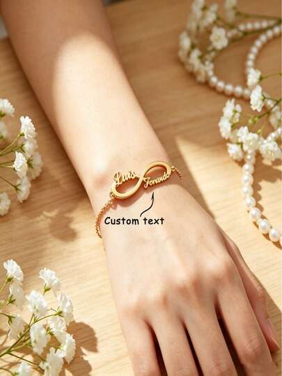 1pc Personalized Infinity Name Bracelet, Custom Engraved Gold Plated Stainless Steel Bracelet, Adjustable Chain, Unique Gift For Girl, Couple, Friends, Mother, Perfect For Daily Wear, Anniversary, Birthday, Valentine's Day, Custom Jewelry