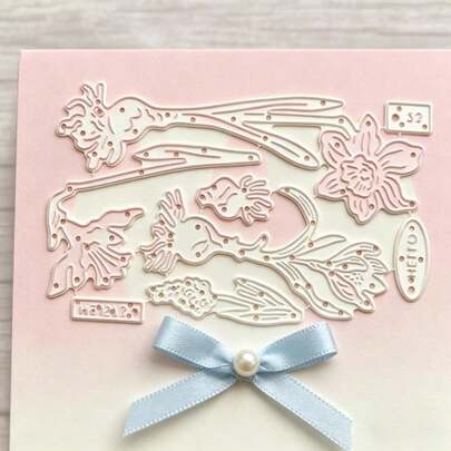 Spring Flower Metal Cutting Dies, Daffodil Floral Die Cuts With Hello Phrase, Carbon Steel Embossing Stencils For Scrapbook, Card Making
