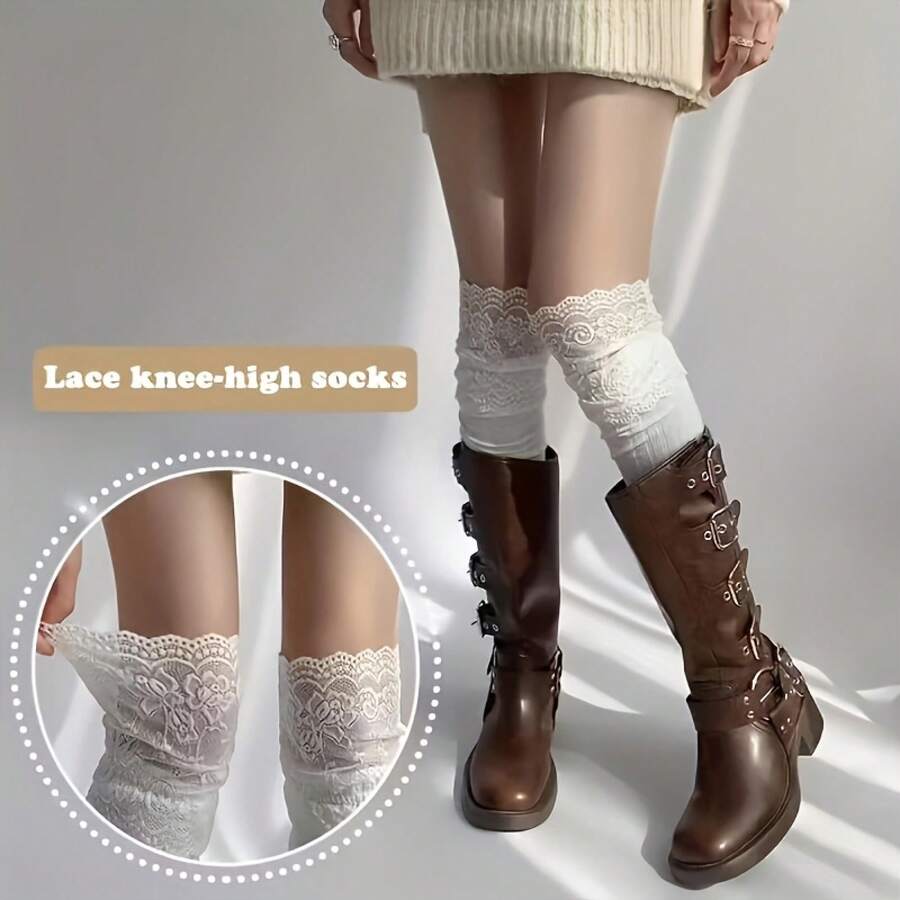 A 1 Pair - Women's Lace Over-The-Knee Socks| Elegant Floral Ruffled Tulle Socks, Suitable For Pairing With Boots And Everyday Wear - 黑色 - 查看 1