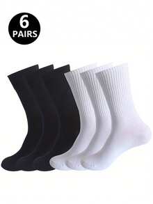 6 Pairs Women Black And White Simple Everyday Crew Socks, Fall Socks - Black and White - View 5