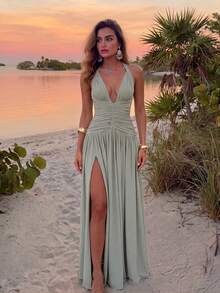 Damen einfarbiges gestricktes gerafftes A-Linien Kleid mit hohem Schlitz sexy elegant modisch Strand Resort Vintage Sommerkleid - Grün - Übersicht 2