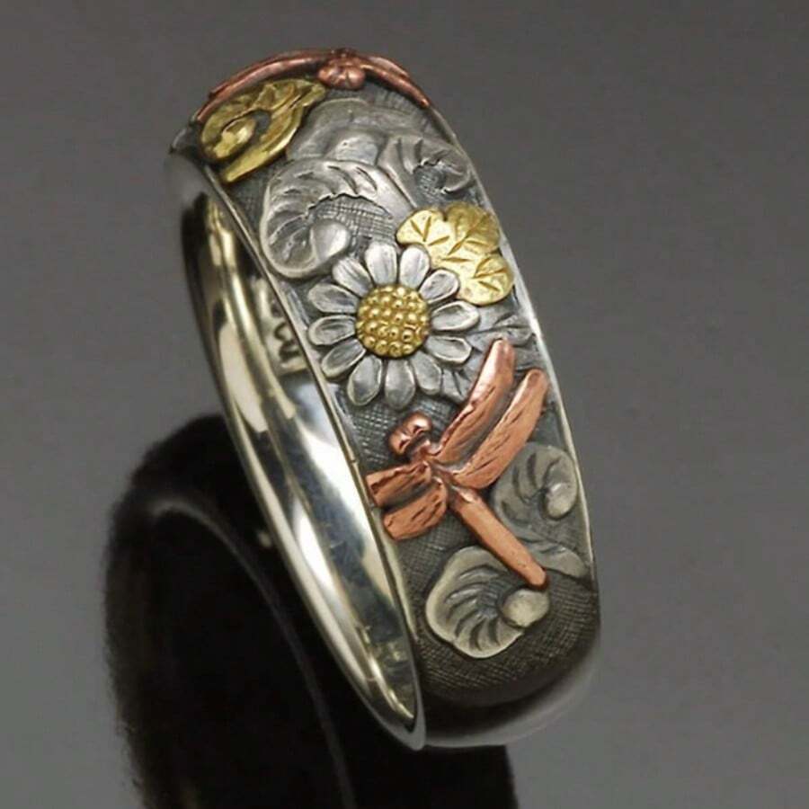 复古蜻蜓向日葵戒指,优雅花卉珠宝,女士礼物,周年纪念、订婚、结婚(银色,尺寸 6-10) - 彩色 - 查看 1