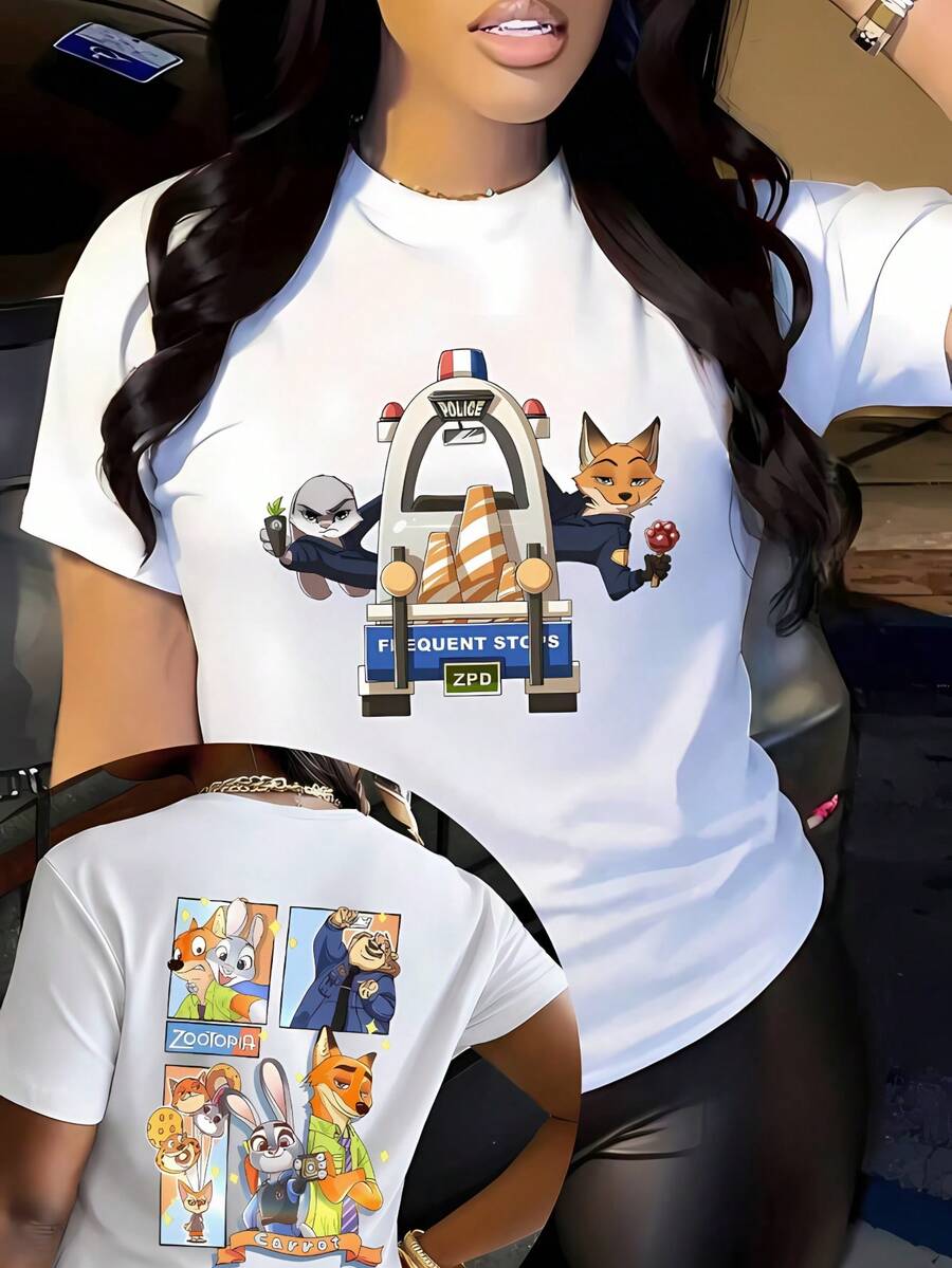 Disney Women's Casual Cotton Short Sleeve Round Neck T-Shirt With Zootopia Print, Regular Fit Tee Top For Everyday Wear, Slight Stretch Fabric - 白色 - 查看 1