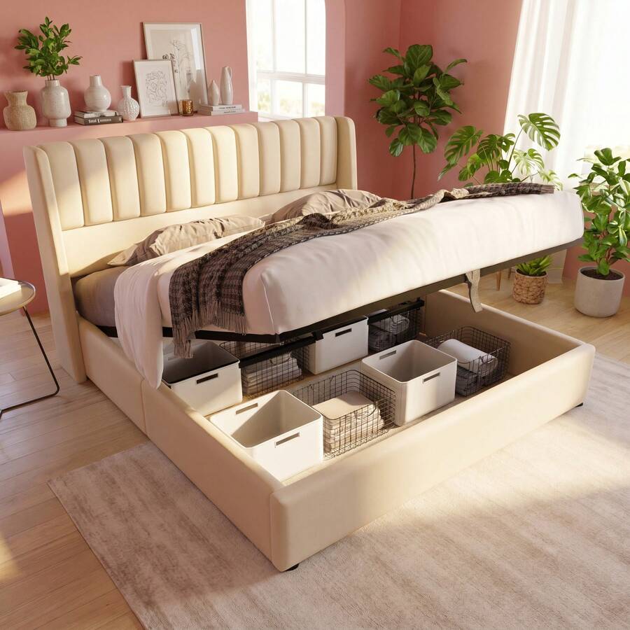 Anajqaqia 160 X 200 Cm Hydraulic Double Bed, Upholstered Bed, Wooden Slatted Base, Bed With Storage Space, Bed With Slatted Base And Metal Frame, Linen, Beige - Beige - View 1