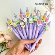 5pcs/Set Random Flower Tip Retractable Pens, 2sets/3sets Smooth Writing Ballpoint Pens, Suitable For Students, Exams, Office, Durable Stationery (Black) - Purple Flower Pen - View 8