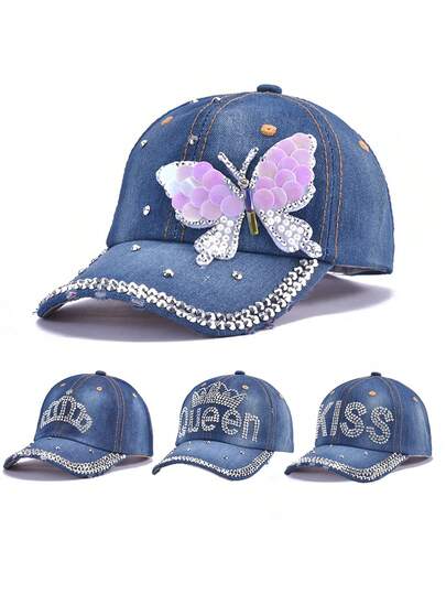 1 chiếc mũ chống nắng đính đá thời trang nữ, mũ lưỡi trai bóng bẩy, chất liệu polyester, thích hợp đội hàng ngày, mùa xuân/thu.
