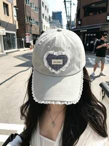 1頂女款柔軟蕾絲飾邊愛心棒球帽，甜美復古水洗寬簷尖頂帽，大頭圍蕾絲愛心棒球帽，甜美做舊寬簷棒球帽，小眾耐用原創愛心格紋刺繡棒球帽 - 彩色 - 查看 4