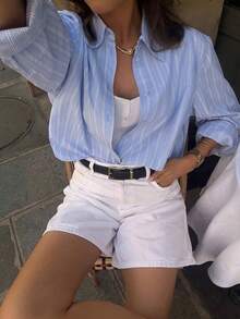 Look Polly 女士夏季蓝色条纹衬衫，修身宽松长袖上衣，适合办公室正式通勤穿着 - 藍色 - 查看 2