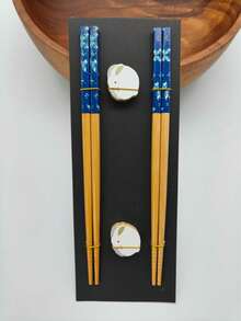 2 Pairs Japanese Natural Bamboo Chopsticks With 2 Bamboo Chopstick Rests Set, Japanese Print Bamboo Chopsticks And Natural Wooden Chopstick Holder - Multicolor - View 11