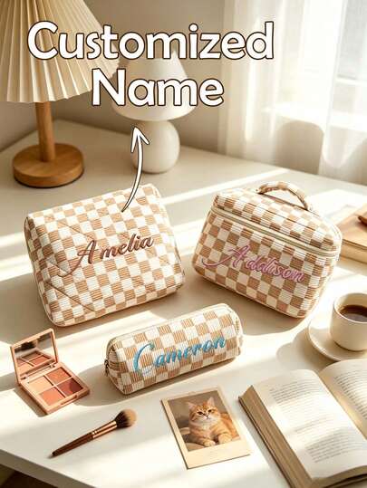1pc/3pcs Custom Embroidered Makeup Bag, Storage Bag, Super Soft And Fashionable Casual Portable Makeup Bag, Multifunctional Large Capacity Storage Bag, Travel Storage Bag, Suitable For Women, Students, Personalized Holiday Gifts, Bachelor Party Gifts, Bridesmaid Gifts, Beach Wedding Gifts, Versatile, Large Capacity, And Complete Functions.