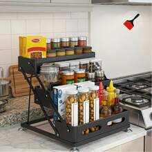 GROWSUN-3-Tier Foldable Spice Rack With Safety Guardrails - Space-Saving Kitchen Cabinet & Countertop Organizer, Durable Powder-Coated Design, Tool-Free No-Drill Assembly (BBQ Brush Included) - 查看 6