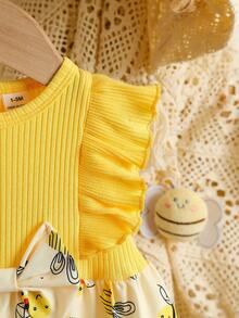 Summer Baby Girls' Cute Bee Print Ruffle Sleeve Round Neck Dress With Bow Decor - Yellow - View 6