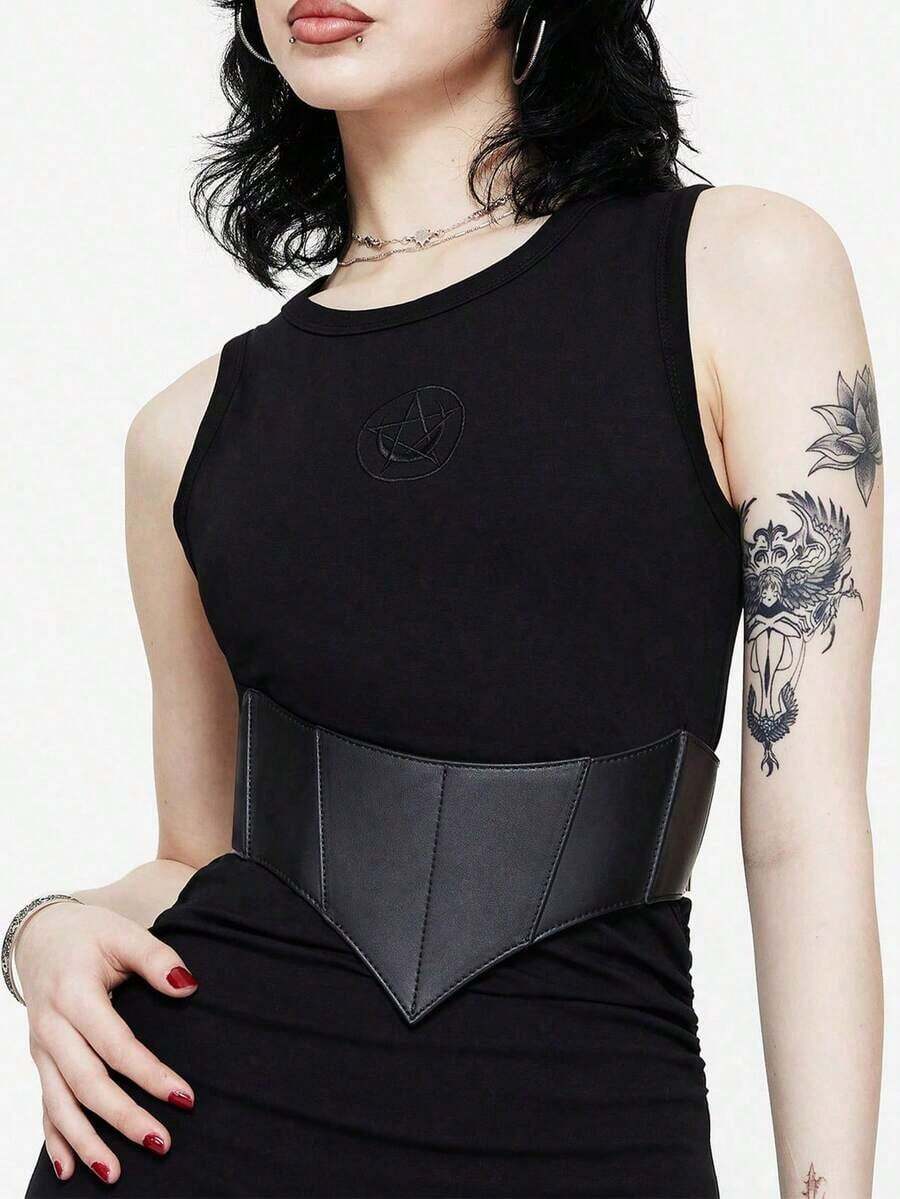1pc Women's Dark Gothic Style Elastic Waist Cincher Belt, PU Leather Demon Bat Decor, Suitable Halloween Party - 黑色 - 查看 1