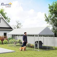 PawHut Extra Large Dog Kennel With Roof And Safety Lockable Latch, Heavy-Duty Galvanized Steel Dog Run Chain Link W/ Waterproof UV-Resistant Cover, 19.7' X 7.5' X 7.9' - Silver - View 2
